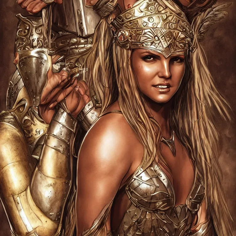 Image similar to a young britney spears as an amazon warrior, a tall beautiful woman with brown skin and long hair, dressed in hellenistic body armor, intricate, elegant, highly detailed, smooth, sharp focus, detailed face, art by ardian syaf