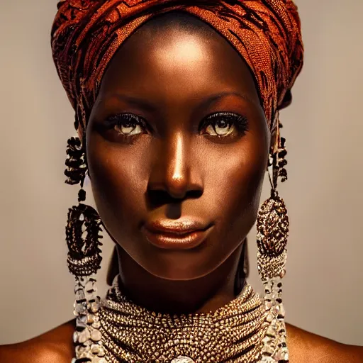 Image similar to vintage portrait of a stunningly beautiful west african female, depth of field, zeiss lens, detailed, symmetrical, centered, fashion photoshoot, by edward s curtis, Annie Leibovitz and Steve McCurry, David Lazar, Jimmy Nelsson, Breathtaking, 8k resolution, extremely detailed, beautiful, establishing shot, artistic, hyperrealistic, beautiful face, octane render