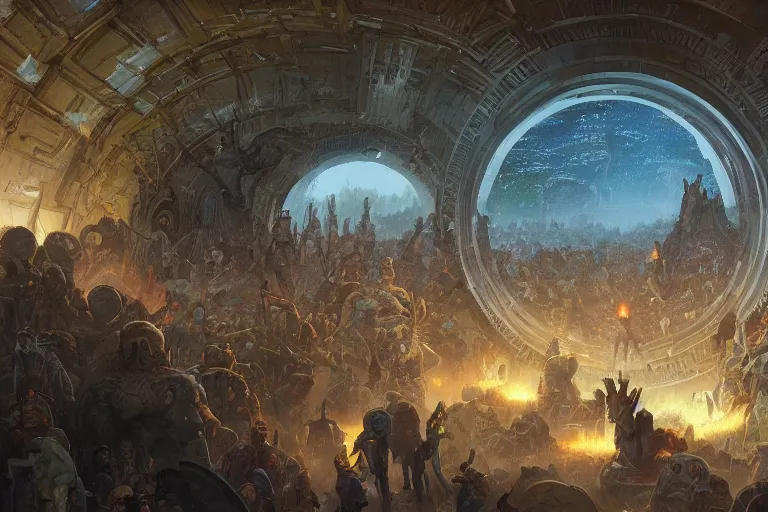 Prompt: a rally of people below a circular portal, by greg rutkowski and frank frazetta and peter mohrbacher and william blake and dan mumford