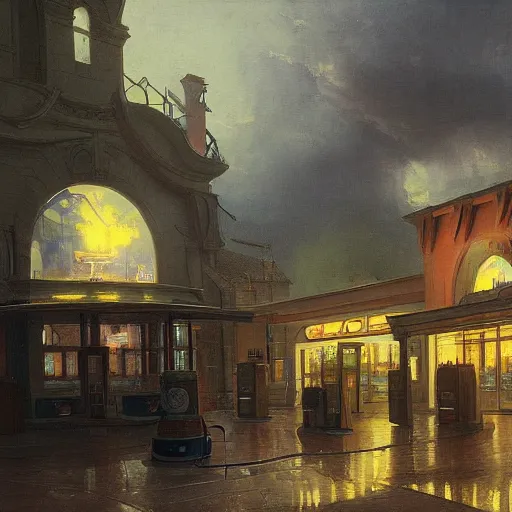 Image similar to painting of artlilery scifi organic shaped gas station, volumetric lights, andreas achenbach