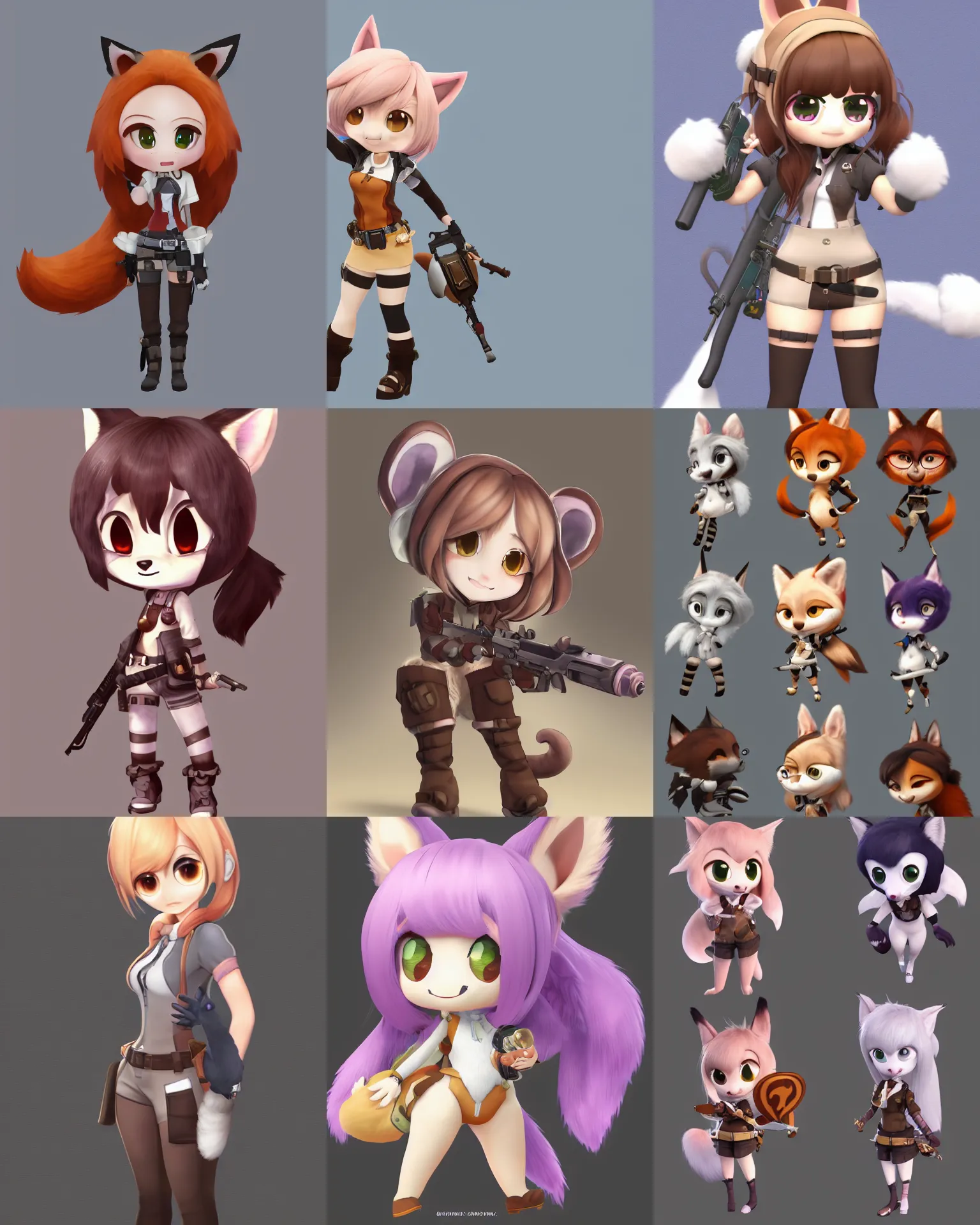 Prompt: female furry mini cute style, highly detailed, rendered, ray - tracing, cgi animated, 3 d demo reel avatar, style of maple story and zootopia and kemono friends, maple story gun girl, fox from league of legends chibi, soft shade, soft lighting