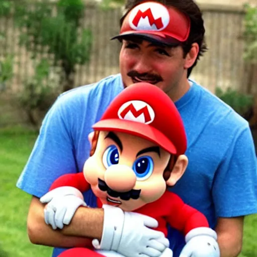 Image similar to super mario smiling while holding a screaming crying kid in his arms