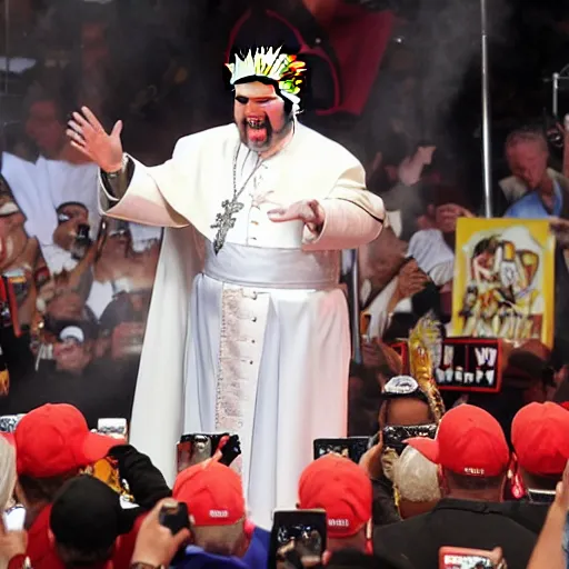 Image similar to guy fieri dressed as the pope is blessing trump supporters, the crowd is filled with muppets, award winning photo,