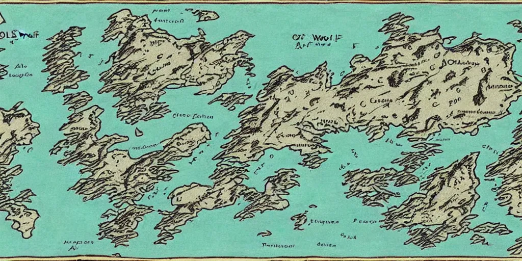 Prompt: Map of the realm of the wolf crew. a continent in the shape of a wolf's face. Ancient magic, medieval fantasy map, mountains, islands, forests. Map-style Skyrim, Lord of the rings map, zelda breath of the wild map, video game style, drawing on a parchment