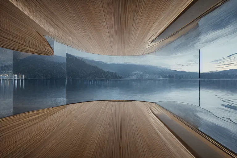 Image similar to an egg shaped building space of different sizes intersects and combines together. on the calm lake surface, people's perspective, future, interior wood, marble, award winning, highly detailed 4 k art, dusk, unreal engine highly rendered, global illumination, radial light, internal environment by kazuyo sejima