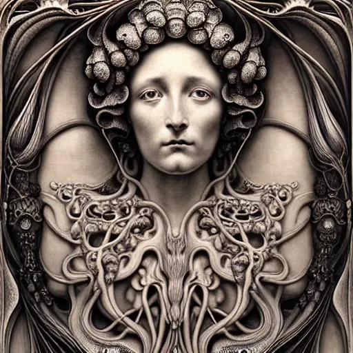 Image similar to detailed realistic porcelain beautiful intricate calaveras goddess face portrait by jean delville, gustave dore, iris van herpen and marco mazzoni, art forms of nature by ernst haeckel, art nouveau, symbolist, visionary, gothic, neo - gothic, pre - raphaelite, fractal lace, intricate alien botanical biodiversity, surreality, hyperdetailed ultrasharp octane render