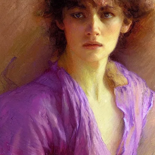 Image similar to a woman in a purple shirt with an emaciated body type, painting by Gaston Bussiere, Craig Mullins