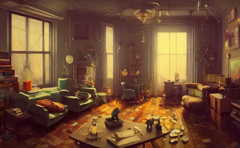 Image similar to Interior shot of a victorian cozy studio apartment by Petros Afshar and Beeple, James Gilleard, Mark Ryden, Wolfgang Lettl highly detailed