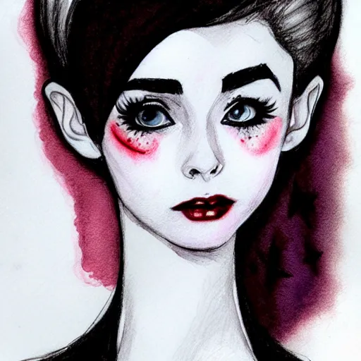 Image similar to an adorable vampire fairy inspired by audrey hepburn and kristen ritter, 8 k resolution whimsical watercolor pencil drawing, deviantart artstation