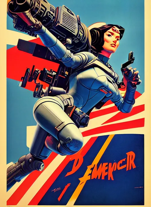 Image similar to american propaganda poster art. powerful cyberpunk pilot. portrait by jean giraud and anton otto fischer and john philip falter and will eisner and gil elvgren and pixar. full body. realistic proportions. science fiction d & d. overwatch, rb 6 s, cyberpunk 2 0 7 7, blade runner 2 0 4 9 concept art. cel shading. thick lines.