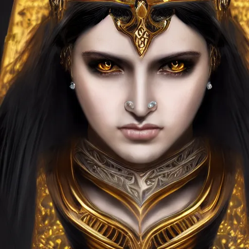 Prompt: beautiful female cleric with long black hair and a golden eye, focus on face, jewellery, fantasy, medieval, still, photograph, highly detailed, cinematic, romani descent, dramatic, dynamic lighting, award winning, masterpiece, trending on artstation