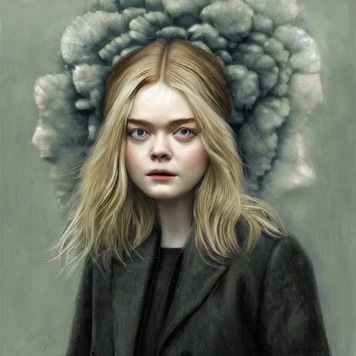 Prompt: professional painting of Elle Fanning in the style of Tim Okamura, head and shoulders portrait, symmetrical facial features, smooth, sharp focus, illustration, intricate, stormy weather, extremely detailed masterpiece,