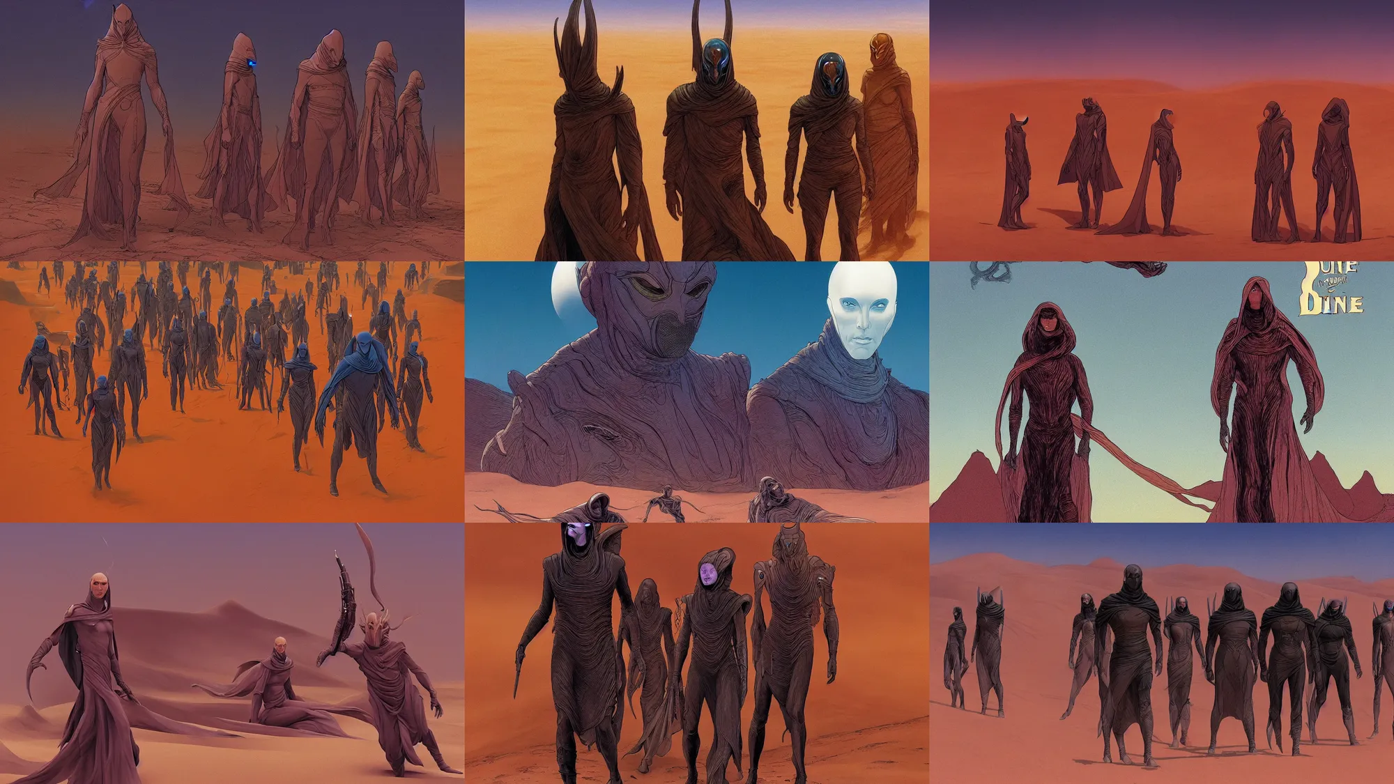 Prompt: dune by Denis Villeneuve but the Fremen are redesigned to be imaginative inhuman creative aliens by moebius, Jean Giraud, cinematic, 4k