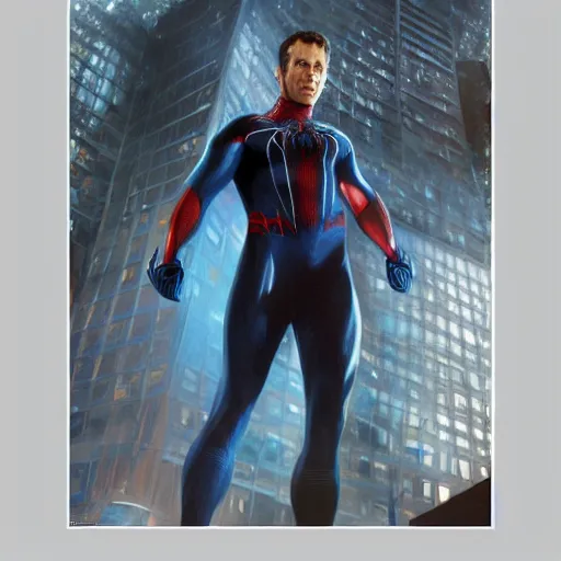 Image similar to ryan reynolds as a black and blue suit spider - man, cinematic, volumetric lighting, f 8 aperture, cinematic eastman 5 3 8 4 film, photorealistic by greg rutkowski, by stanley artgerm, by alphonse mucha