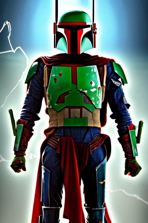 Image similar to boba fett mixed with spiderman, digital art, movie still from thor ragnarok, insane detail