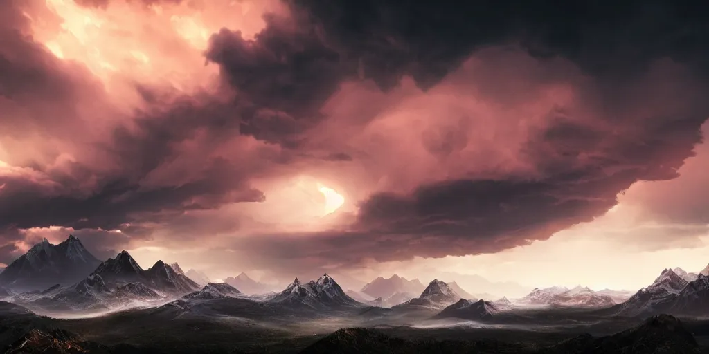 Image similar to a storm dark and brooding far away in the distance, snowcapped mountains in the foreground during sunset, nature, cinematic, hyperrealistic, evil, dark, cgsociety, 8 k