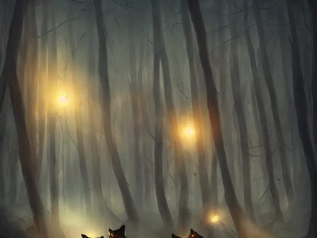 Image similar to a wolf with a lantern held on its mouth travelling through a dark, gloomy forest with stars around it, zaba style, cinematic, sunbeams, detailed, hq, trending on artstation, wide shot, dramatic lighting