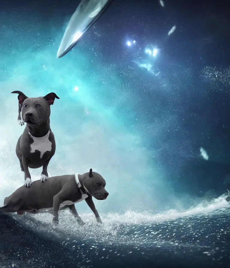 Image similar to photo of a dark gray coat pit bull with a white paws and a white nose!, surfing on a surfboard in a crashing wave of alien galaxy, trending on art station, ocean in space, background is an alien galaxy, aliens in the background, alien colors, octane render, unreal engine, wide view, 8 k, highly detailed