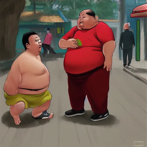 Image similar to A Chinese fat man is quarrelling with a Chinese local ruffian. The background is a watermelon stall on the street.,digital art,trending on artstation.