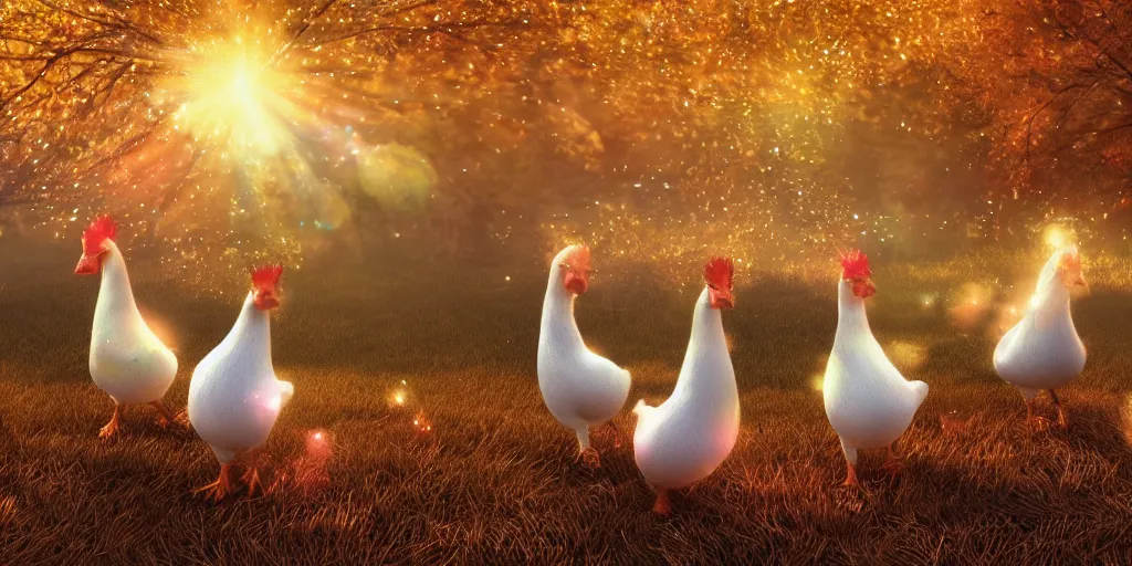 Prompt: magical sparkling chickens frolicking in a field, autumn, sparkles, light beams, photorealistic, hyperrealistic, 8 k, trending on artstation