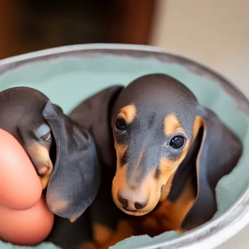 Prompt: eggs cracking open with baby dachshunds inside. baby dachshunds hatching. professional photography