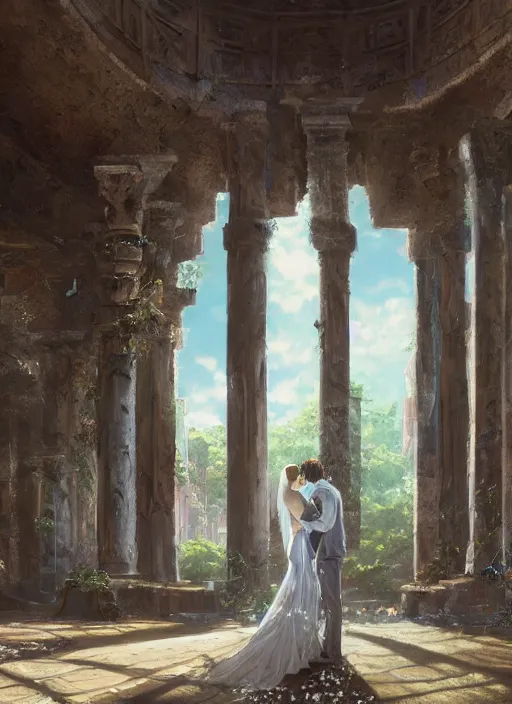 Prompt: wedding in an abandoned temple, Rendering of a cinematic beautiful closeup moment of enemies standing facing away from each other, Pensive Lonely, full of details, by Makoto Shinkai and thomas kinkade, Matte painting, trending on artstation and unreal engine Martin Aitchison,Robert Ayton,John Berry,Frank Hampson,Robert Lumley,William Murray, B.H. Robinson, Gerald Whitcomb,Harry Wingfield, Eric Winter, Sep. E. Scott