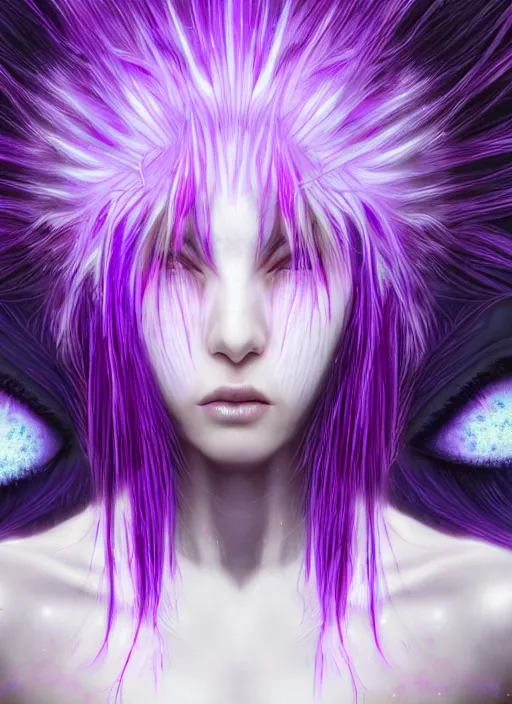 Image similar to hair whitebangs hair, black cyberlox, portrait of teenage girl with white bangs, whitebangsblackhair, messy bangs, cyberlox, whitebangs, red irises, purple clothes, intricate, elegant, glowing lights, highly detailed, digital painting, artstation, concept art, sharp focus, illustration, art by wlop, mars ravelo and greg rutkowski