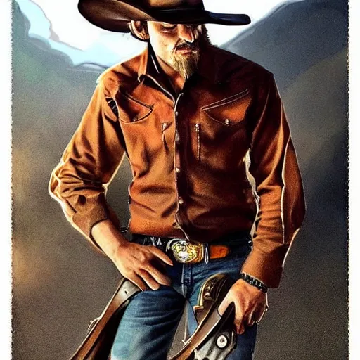 Image similar to a cowboy wearing a cowboy hat and shooting a revolver into the air. digital art. trending on artstation. amazing quality. great composition. perfect lighting. professional design. mind blowing detail. impressive colors. award winning art.