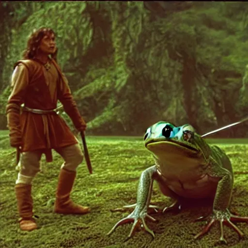 Prompt: movie film still scene, lord of the rings with frog heads