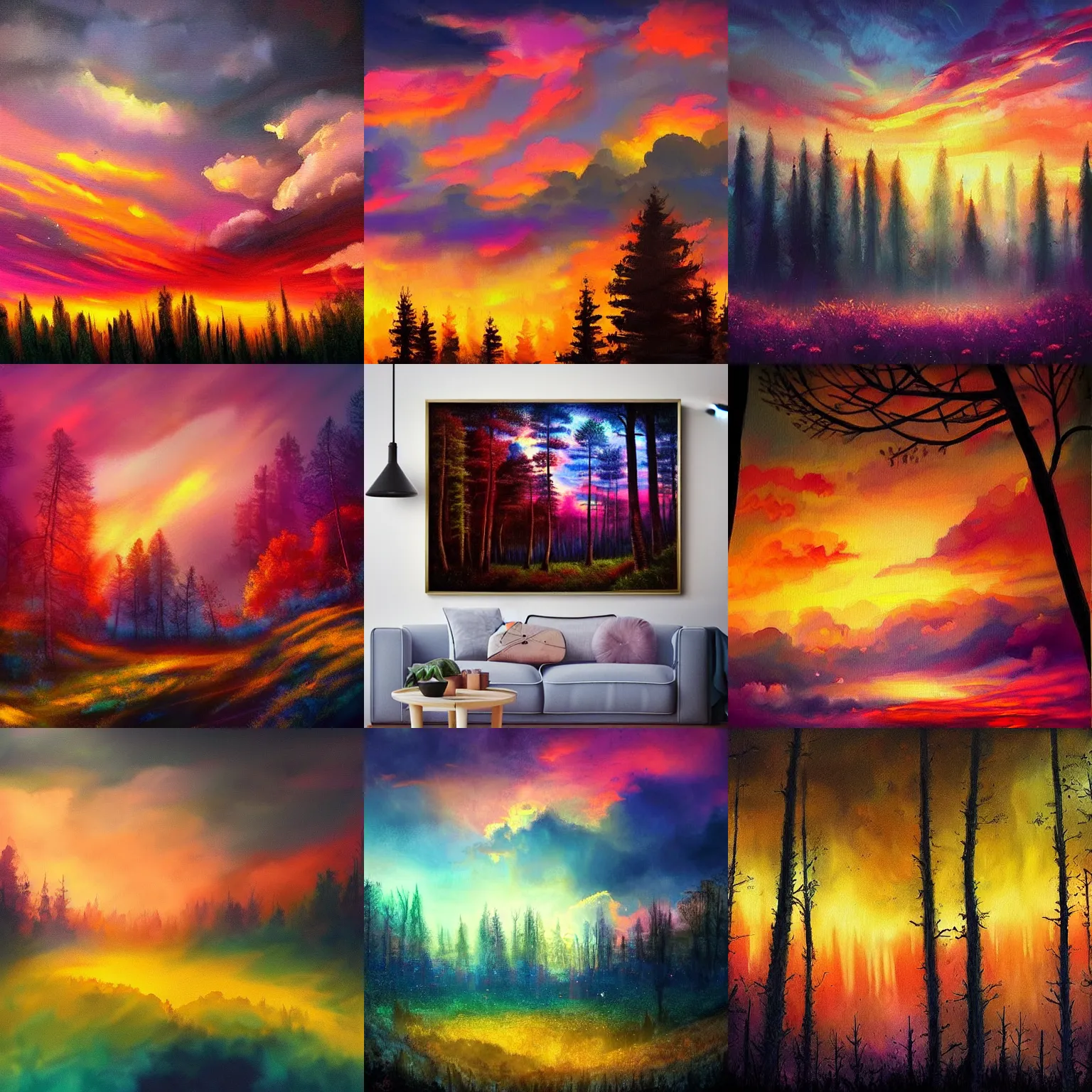 Prompt: a beautiful moody painting of a colourful sunset over a dense dark enchanted forest. detailed fluffy clouds, golden hour, vivid colours. digital art, trending on devianart. sense of awe. ✨, 🌤, 🌇.
