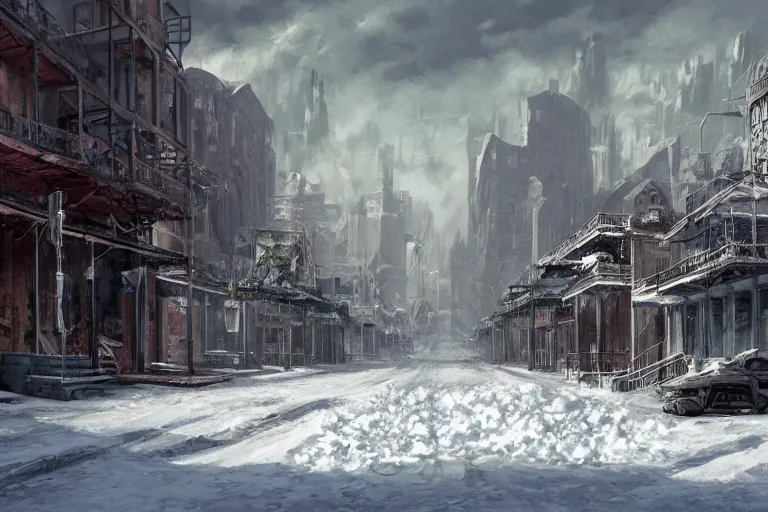 Prompt: Landscape of the nuclear wasteland of new orleans covered in snow, down-town, city, concept art by Ray Lederer, fallout concept art, wallpaper, trending on art station