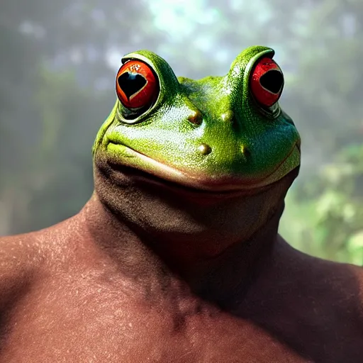 Image similar to frog - faced giant man, high definition movie, photorealistic detail, futuristic production, adventure movie, 8 k