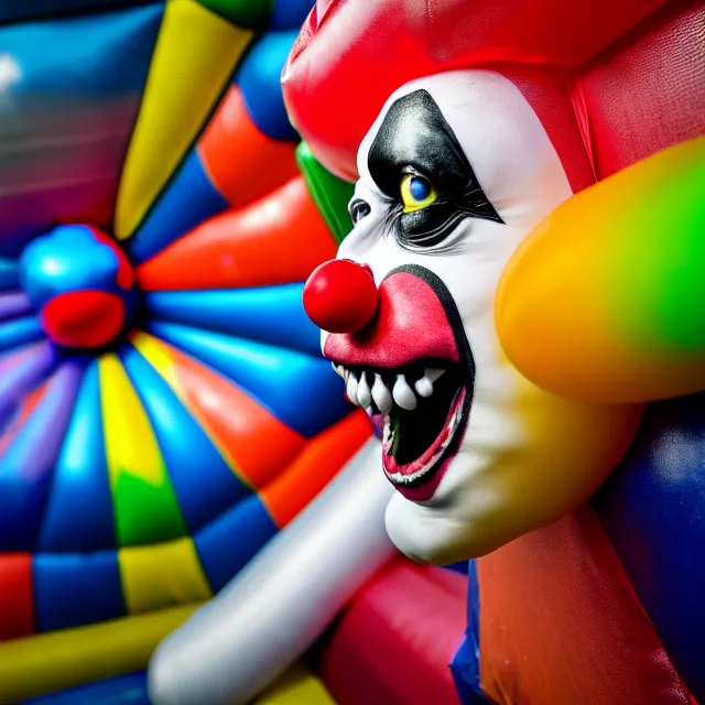 Image similar to scary bouncy castle clown, highly detailed, 8 k, hdr, smooth, sharp focus, high resolution, award - winning photo