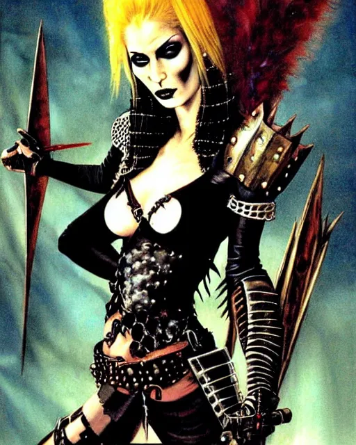 Prompt: portrait of a skinny punk goth sorceress wearing armor by simon bisley, john blance, frank frazetta, fantasy, barbarian
