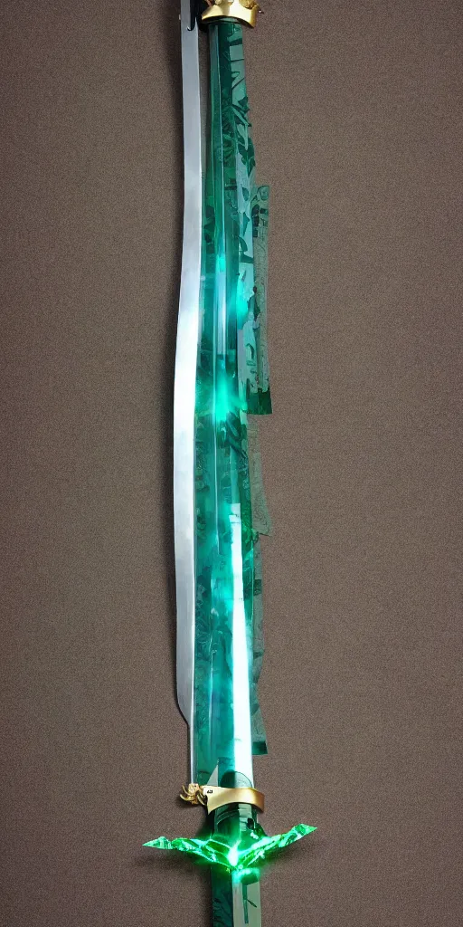 Image similar to photograph of a wide green and teal crystal sword blade attached to a big gold sword hilt