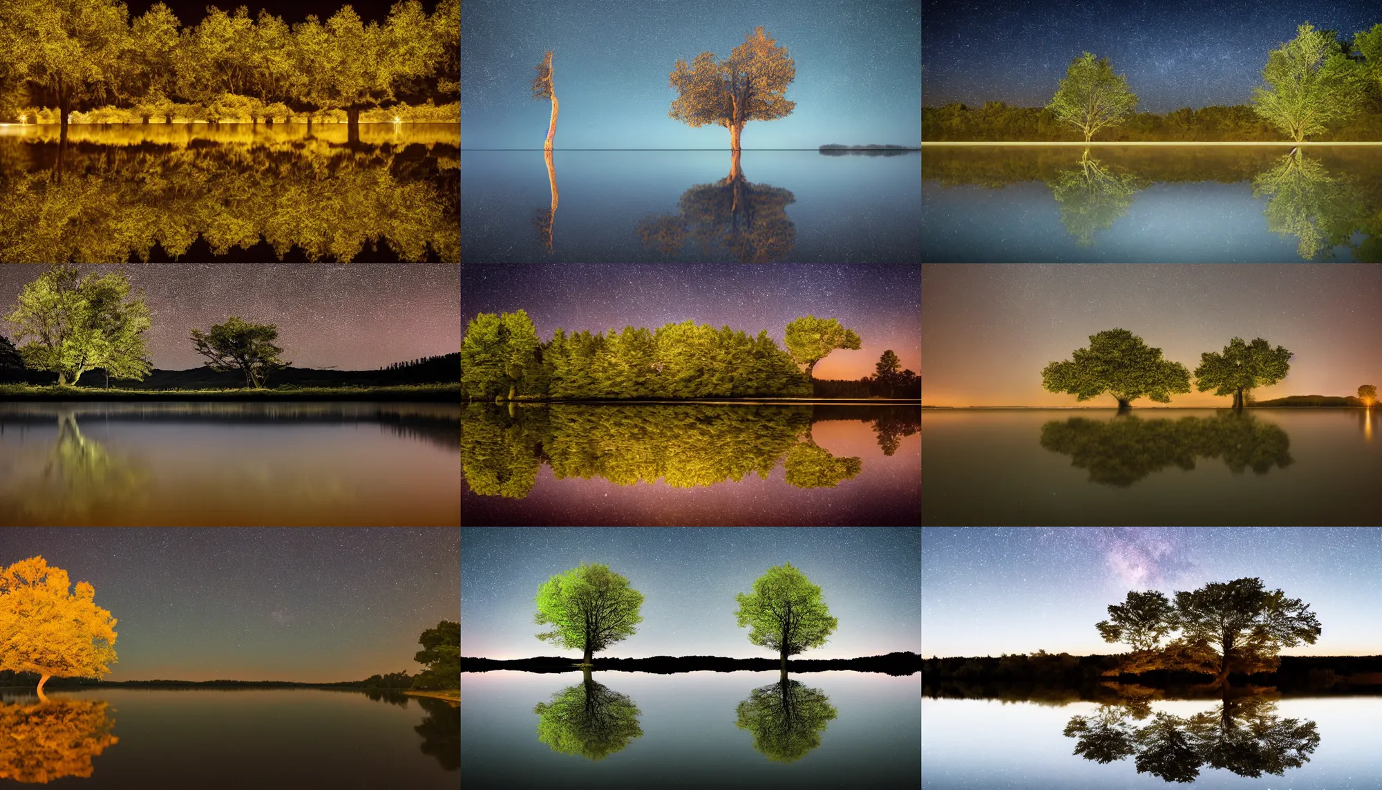 Prompt: a giant tree reflecting inside a lake by night
