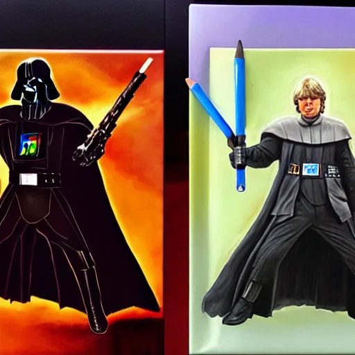 Image similar to luke skywalker vs darth vader but with the art of oil painting