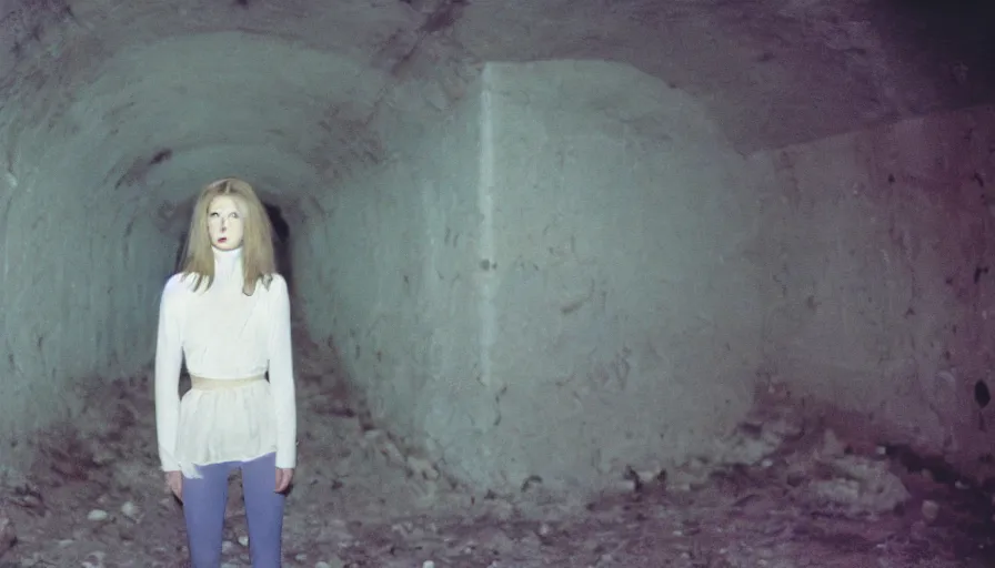 Image similar to portrait of a white female phantom in an empty soviet tunnel, cinestill 800t 35mm, heavy grain, high quality, liminal space style