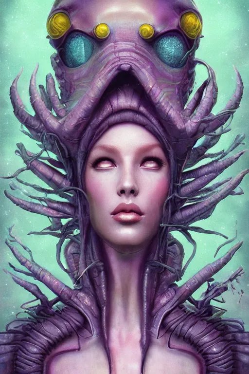 Image similar to digital portrait of an eloquent alien plant queen, straight on, full body character concept art, concept art, by artgerm, tom bagshaw, gerald brom, vaporwave colors, lo fi colors, vaporwave, lo fi, 4 k, hd, rendered with substance designer, small details,