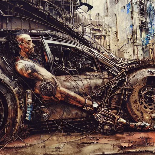 Image similar to mad max rockatansky, wires cybernetic implants, abandoned steelworks, grime and grunge, in the style of adrian ghenie, esao andrews, jenny saville,, surrealism, dark art by james jean, takato yamamoto