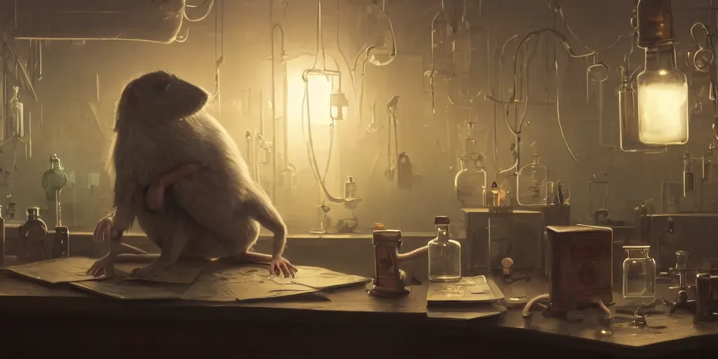 Image similar to humanoid rat in a laboratory sitting at a desk with lots of flasks filled with magic liquids and poisonous fog, stephen bliss, unreal engine, fantasy art by greg rutkowski, loish, rhads, ferdinand knab, ilya kuvshinov, rossdraws, tom bagshaw, global illumination, radiant soft light, detailed and intricate environment