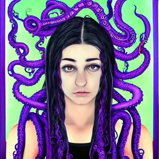 Prompt: furious young teen with purple eyes and tentacles on her head , very detailed, in glass town, portrait, high contrast, vibrant and tender,