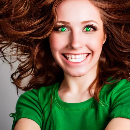 Image similar to A cute and beautiful young woman, long shiny bronze brown hair, green eyes, cute freckles, smug smile, studio lighting, studio background medium shot, mid-shot