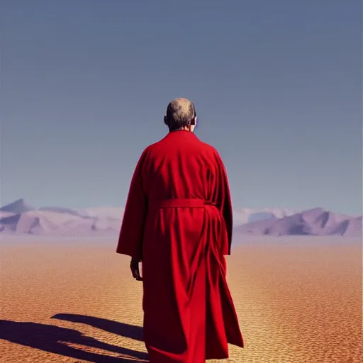 Prompt: a priest wearing red robes walking in a desert, sunny weather, gerhard richter, rendered in octane, realistic, 8 k, vivid, intricate, detailed