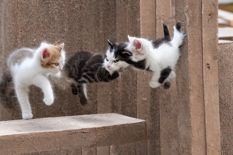 Prompt: kittens walking across a construction beam