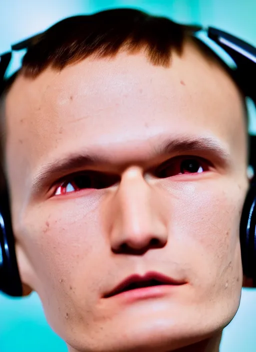 Prompt: perfect symmetric face, coherent eyes. vitalik buterin in headphones. close up, high detail, very sharp, 4 k, hayao miyazaki