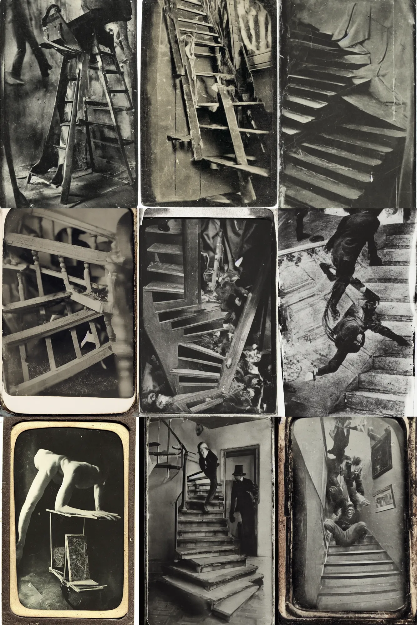 Prompt: an old tintype the killing of Marcel Duchamp falling down stairs