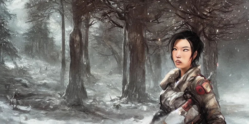 Image similar to fallout 5, charismatic beautiful rugged asian female protagonist, portrait, outdoors in forest, tori gate!!! and shinto shrine!!! in the background, atmospheric lighting, painted, intricate, volumetric lighting, daytime, winter, blizzard, sharp focus, ultra detailed, art by william turner