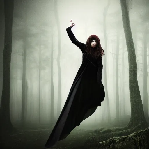 Prompt: a high detailed photo of a lady in a dark cloak suspended in mid air, ancient forest, mist, 35mm, photorealistic, realistic, deviantart, gloomy atmosphere, high definition