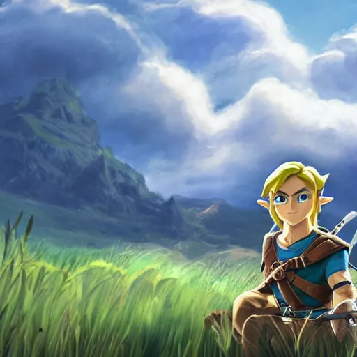 Prompt: A photo of Link from Zelda sitting in a field on a sunny day with clouds in the sky, he is young
